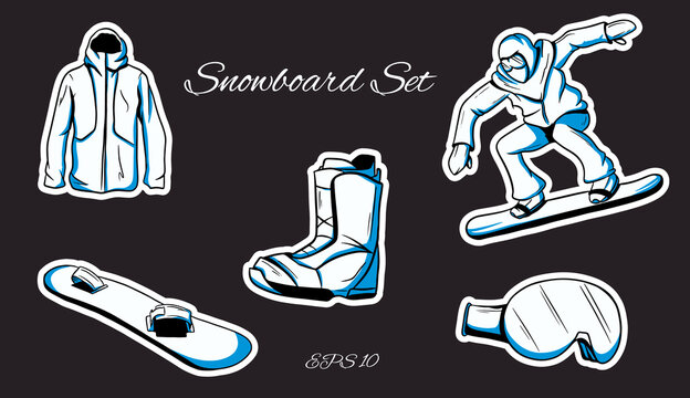 Collection of winter sport icons. Snowboard equipment set isolated. Elements for the image of a ski resort, mountain activities, vector illustration.