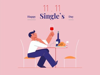 Young single man is celebrating Singles day - November 11 - with wine and roast. Holiday for bachelors, which opens Chinese shopping season. Social trends and and their cultural background