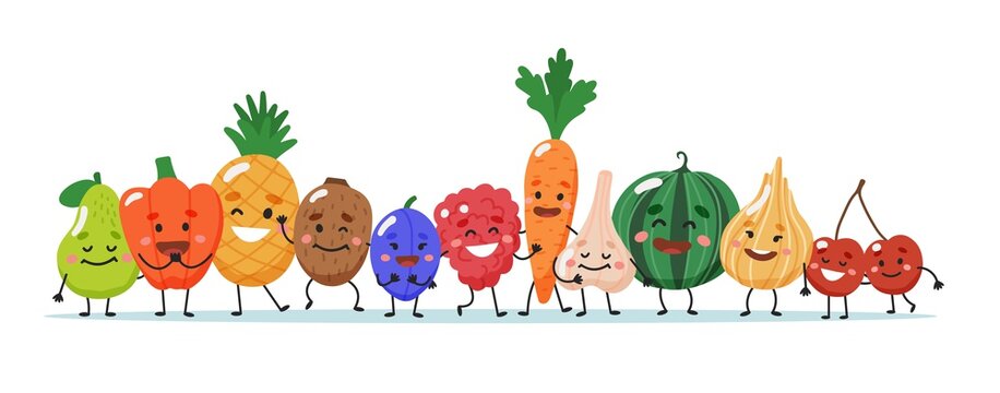 Fruits and vegetables characters. Vector illustration