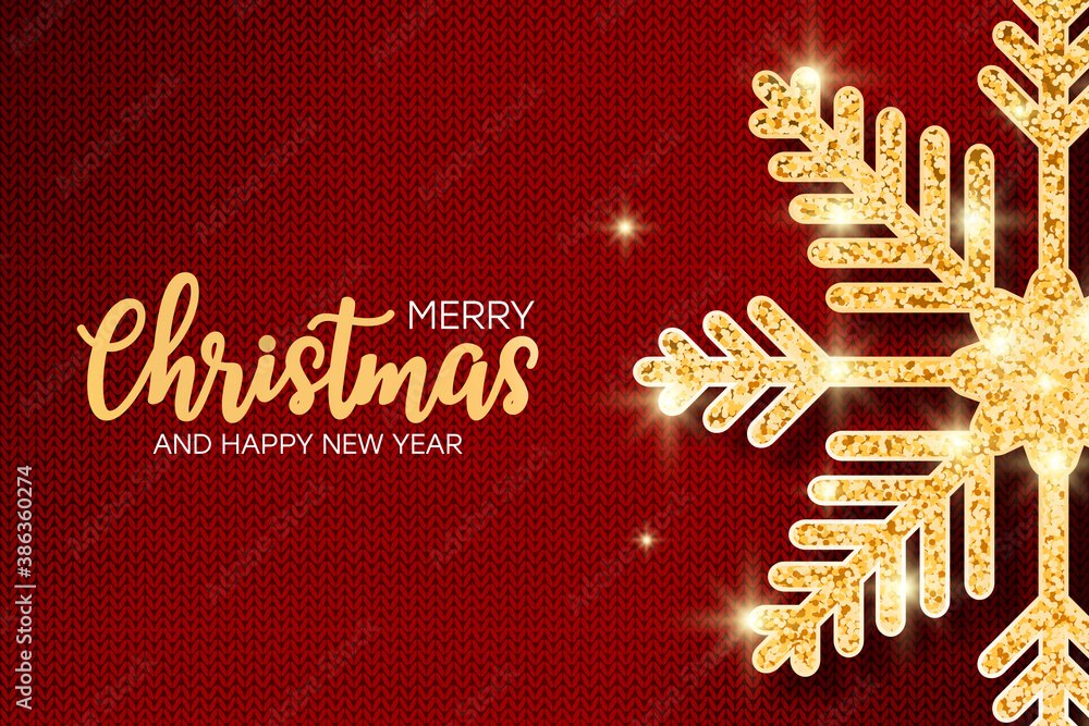 Poster christmas and new year banner with glitter golden snowflake at red knit texture. holiday knitted bac