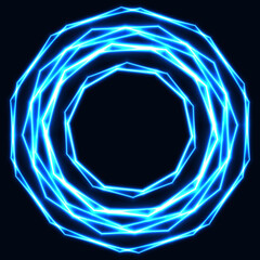 Shinning laser ice cold magic circles. Dark background with neon blue  glow rings with empty centre - place for text