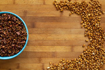 cedar nut on wooden background