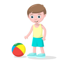 Cute small boy plays color beach ball over white background.