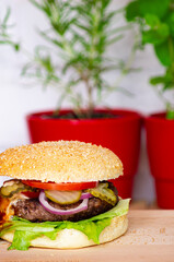 Hamburger on a wooden table