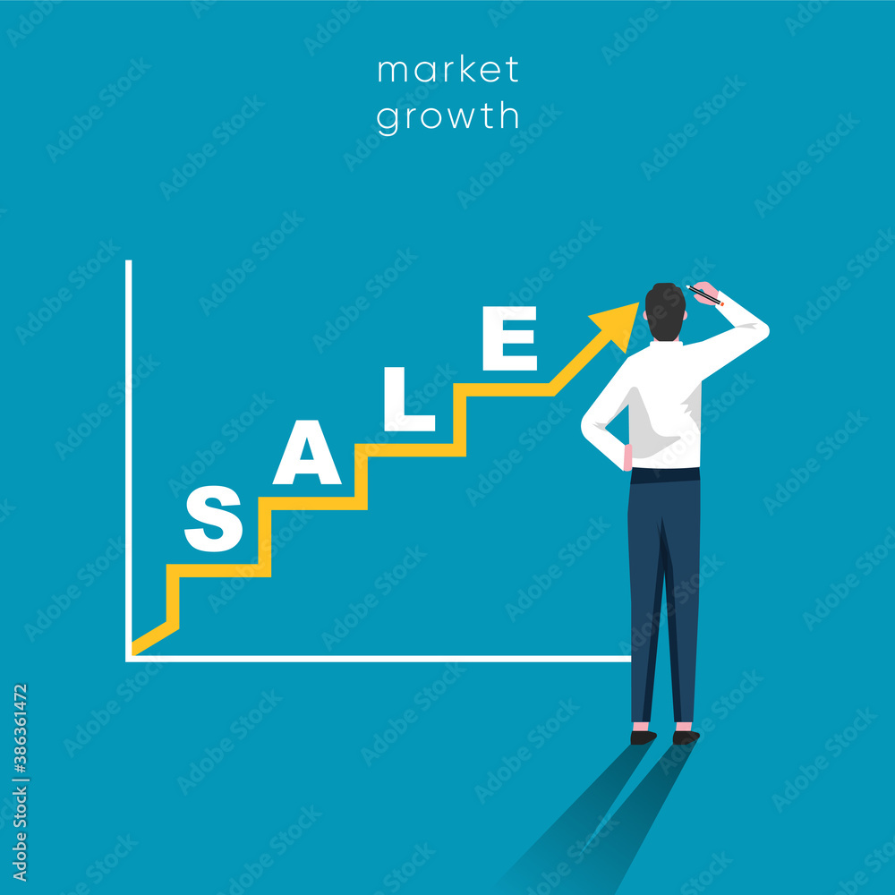 Poster sales growth concept. businessman draw simple graph with ascending curve vector illustration.