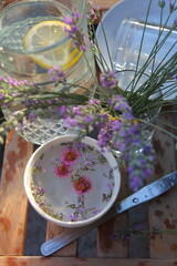Still life with lemonade and lavender bouquet

