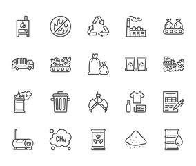 Waste recycling flat line icons set. Garbage bag, truck, incinerator factory, container, bin, rubbish dump vector illustration. Outline signs of trash management. Pixel perfect. Editable Stroke