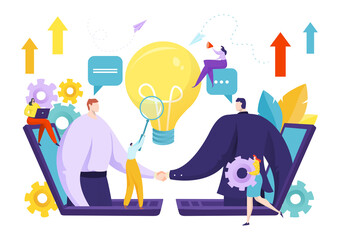 Business people handshake for partnership deal concept, vector illustration. Businessman work for flat success agreement. Idea partner design in office, teamwork professional contract.