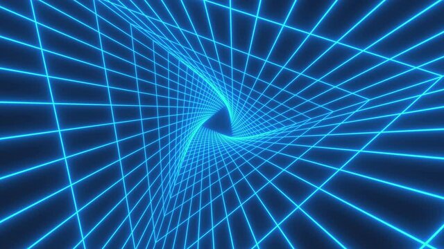 Looped animation. Abstract background. Moving through hyperspace with bright grid in blue color. Modern colorful wallpaper. 3d rendering.