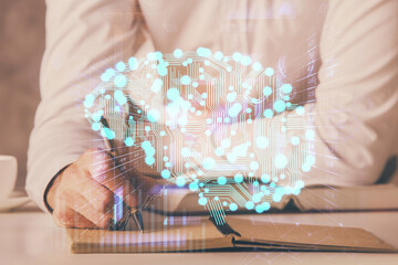 Man with multi exposure brain theme icons.