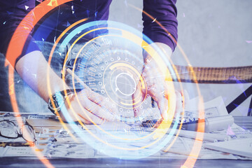 Close up of human hands and abstract innovative technologies for industries. Double exposure.