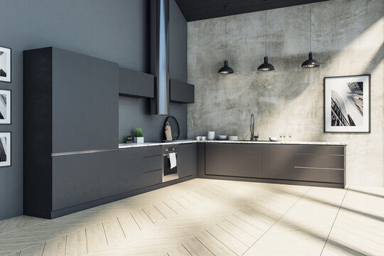 Luxury black kitchen studio interor with picture on wall