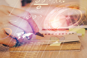 Writing human hands with data theme multi exposure icons.