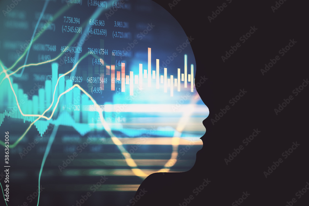 Poster glowing head outline with stock chart hologram