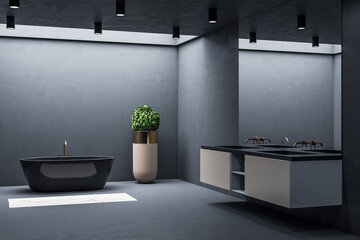 Minimalistic turquoise bathroom interior with black bath