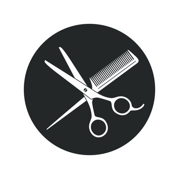 Vektorová grafika „Scissors and hairbrush graphic icon. Crossed scissors  and hairbrush sign in the circle isolated on white background. Barbershop  symbol. Vector illustration“ ze služby Stock | Adobe Stock