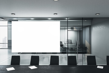 Modern meeting room interior with empty billboard, furniture and nobody.