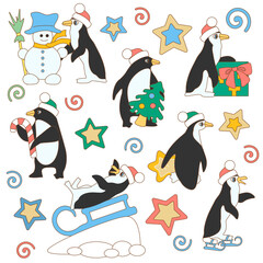 Christmas set consisting of penguins wearing Santa hats that are skating and sledding, making a snowman, holding a star, a gift and a candy cane in their paws, color clip art on a white background