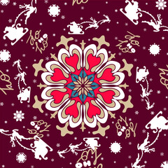 Red Christmas pattern background with snowflake pattern and Santa Claus and inscription