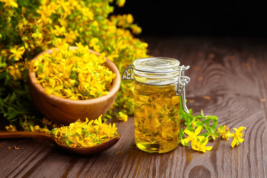 Herbal infusion of Hypericum perforatum or St johns wort flowers