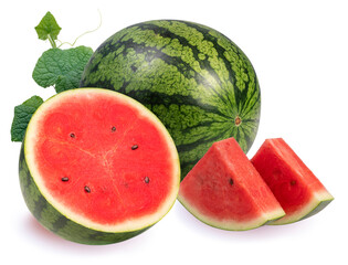 Watermelon with leaves isolated on white background, Watermelon on a white background With clipping path.