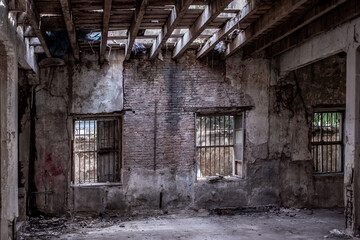 Fototapeta na wymiar Bangkok, Thailand - Feb 2, 2020 : Abandoned buildings : Within the old customs house Or Old bang rak fire station. One of more than 120 years old architecture. Old buildings.