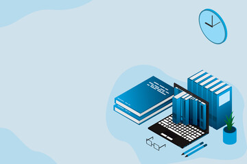 Online education, training, courses, e-learning , distance learning, exam preparation, home schooling. Web banner background. Workplace with laptop, books, pencil.