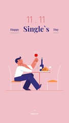Young single man is celebrating Singles day - November 11 - with wine and roast social media story template. Holiday for bachelors, which opens Chinese shopping season. Social and cultural trends