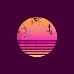Retro sunset in 80-90s style with grunge texture. Graphic silhouette of the sun on a dark isolated background. Yellow-violet colored gradient. Vintage style for logo icons, templates, poster. Vector.