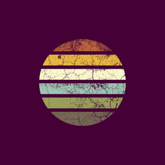 Retro sunset in 80-90s style with grunge texture. Graphic silhouette of the sun on a dark isolated background. Yellow-blue colored gradient. Vintage style for logo icons, templates, poster. Vector.