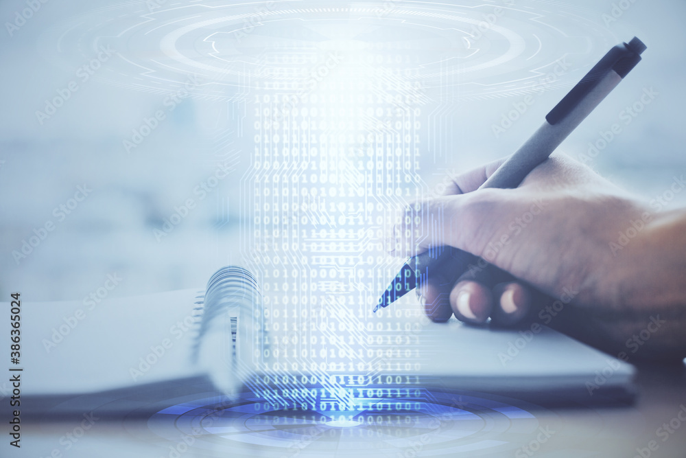 Poster Double exposure of writing hands on background with data solution hologram on front. Technology concept. Close up