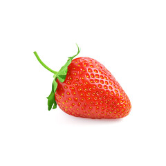 One red ripe strawberry with green leaves and yellow seeds on a white background close-up. copy space