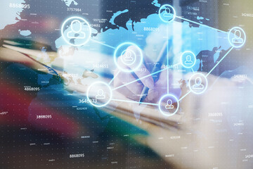 Social network theme hologram over woman's hands writing background. Concept of international people connect. Double exposure