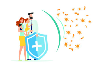Immune system vector logo icon. Protection against bacteria, health viruses. A healthy family is behind the shield, and the shield repels the attack of bacteria. Boost immunity using medicine concept 
