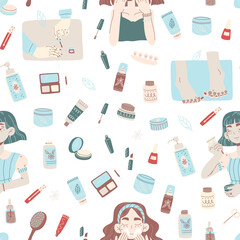 Organic cosmetics seamless pattern on white background.