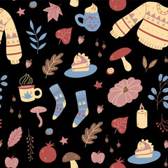 Fall seamless pattern with cozy elements. Colorful seamless background.
