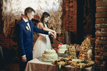 groom and bride cut a wedding cake