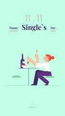 Young single woman is celebrating Singles day - November 11 - with white wine and strawberry social media story template. Holiday for bachelors, which opens Chinese shopping season