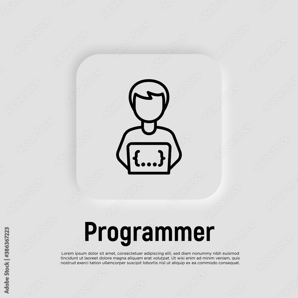 Poster programmer thin line icon. coding on laptop. freelancer, work at home. vector illustration.