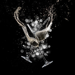 Glasses of champagne levitating in the air, celebration theme.