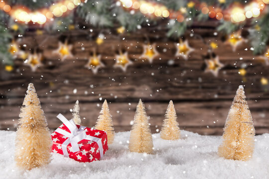 Christmas decoration on wooden background, lots of copy space for your product or text.