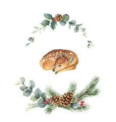Obraz na płótnie Canvas Watercolor vector Christmas wreath with fir branches and fawn.