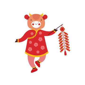 Cute bull baby girl with festive Chinese New Year firecracker. Symbol chinese new year 2021. Ox in red traditional Oriental costume. Cartoon kid animal character. Zodiac sign. Vector flat illustration