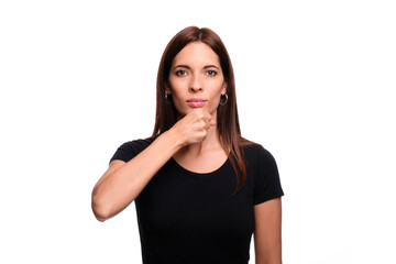 Isolated in white background brunette woman saying grandfather in spanish sign language