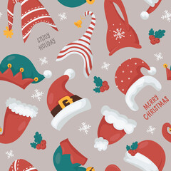 Christmas seamless pattern with Santas and Gnomes hats