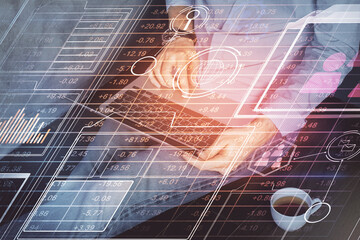 Obraz premium Multi exposure of data internet theme hologram with man working on computer on background. Concept of innovation.