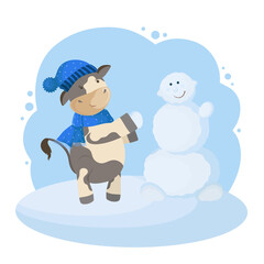 New year cartoon illustration with the bull and the snowman. Funny winter characters isolated on white background.