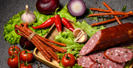 The slices sausage served on lettuce leaves in a wooden plate. Also thin long sticks of smoked sausage tied with string. Chili pepper, tomatoes on a sprig, onion and garlic. Close-up photo