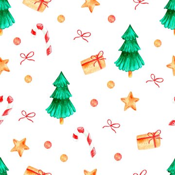 Seamless watercolor pattern  with christmas eve, candy and gif box. Hand drawn illustration can be used for greeting cards, textile printing, wallpaper, wrapping paper and other