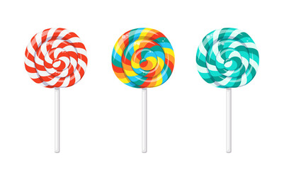 Christmas lollipop with red spirals, rainbow twisted sucker candy on stick. Vector cartoon set of round candies with striped swirls. Mint hard sugar caramel, lollypop isolated on white background